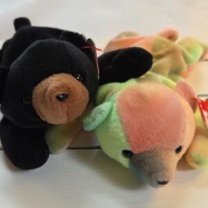 Sammy The Tie-dyed Bear + Blackie 1999 Vintage Ty Beanie Babies Plush Bear Pair